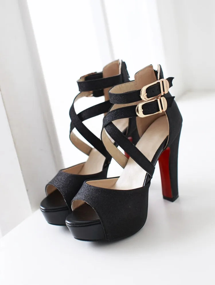 Women's Sandals Summer New Style Fashion Fish Mouth Open Toe Buckle Thick Heel High Heel Women's Shoes Plus Size 33-43 High 11cm