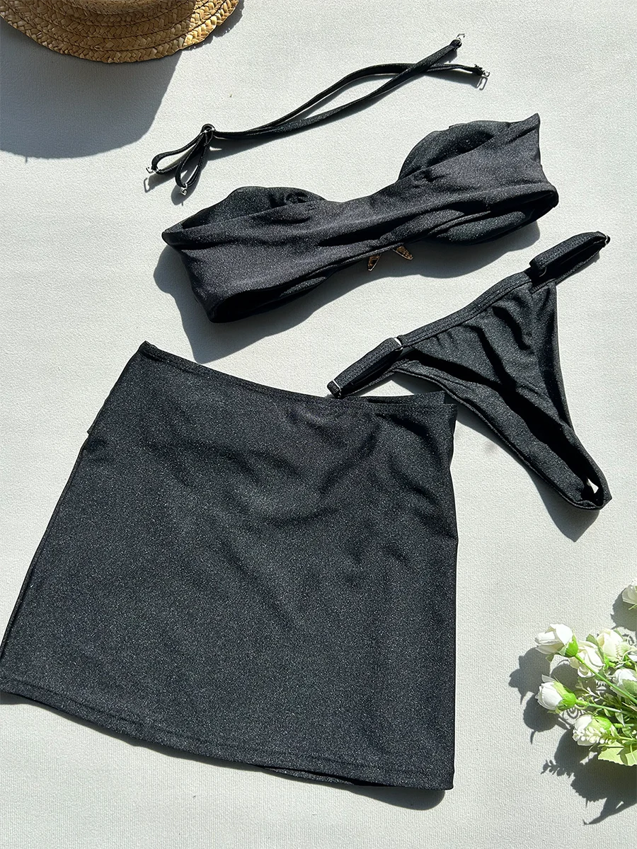 3 Pieces Starfish Thong Bikinis 2026 Solid Swimwear Female Sexy Solid Swimsuit Women & Beach Skirt Bathing Swimming Swim Suit