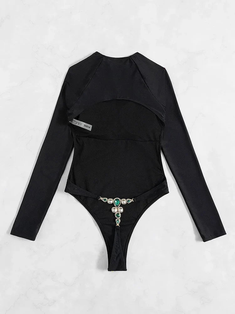 New Long Sleeve G String Diamond Bikini Female Backless Swimwear One Piece Swimsuit Women Monokini Sexy Bather Bathing Suit Swim
