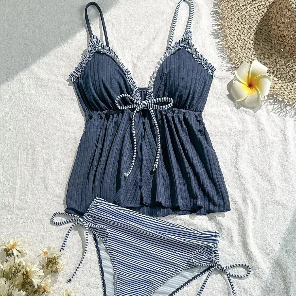New 2026 Fashion Swimsuit Women Frill Trim Tankini Strappy Vest with Bow Swimwear Ruffles Beachwear Holiday Look Bathing Suits