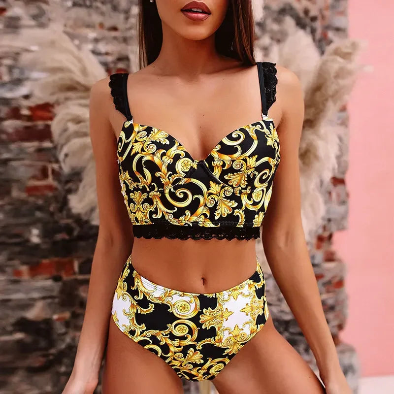 Printed Bra Cup Bandeau Bikinis Female Swimsuit High Waist Bikini Women Swimwear Two Pieces Bikini Set Push Up Bathing Suit Swim