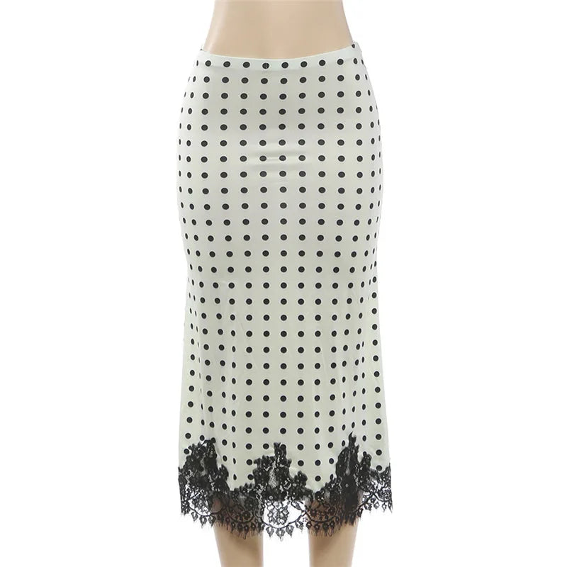 FDYOUI Elegant Polka Dot White Skirts for Women Chic Low Waist Lace Patchwork Mid-calf Skirt Office Lady Slim Dress Streetwear