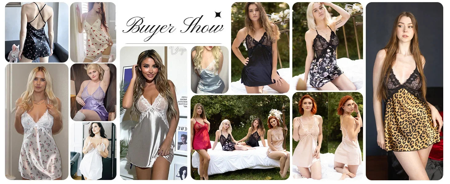 Women Sexy Satin Lace Nightdress Babydoll Lingerie V-Neck Sleeveless Sleepwear Pajama Dress