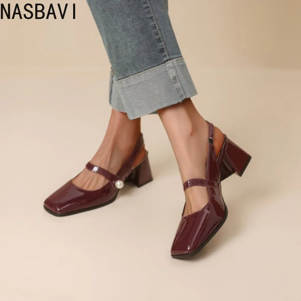 NASBAVI Fashion Women Pumps Slingback Sandals Square Toe Patent Leather Block High Heeled Mary Jane Shoes Ladies Gold Silver
