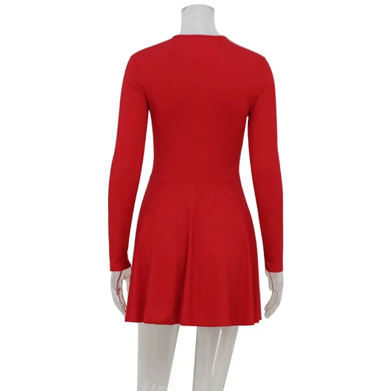 Ahagaga Fashion Solid Women's Mini Dresses A-Line Knitted Sheer Slim Fit Long Sleeves Bodycon O-Neck Party Streetwear Vestidos