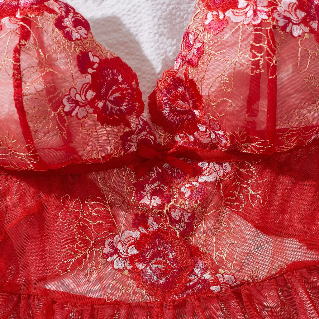 Floral Embroidery Lace Lingerie Set Sexy Women Sheer Mesh Ruffle Trim Cami Top And Panty 2 Piece Sleepwear