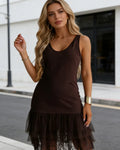 Women's Casual Sleeveless Tulle Lace Hem Midi Dress Fashion Summer Solid Color Beach Party Dresses