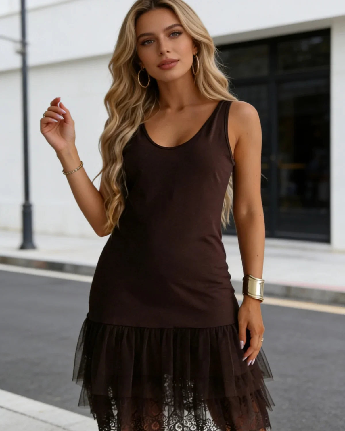 Women's Casual Sleeveless Tulle Lace Hem Midi Dress Fashion Summer Solid Color Beach Party Dresses