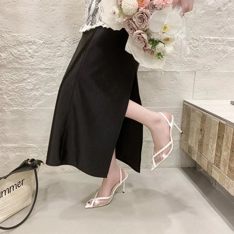 Mesh Lace Back Strap Pointed Toe High Heels Sandals Women Pumps Summer Sexy Party Banquet Stiletto