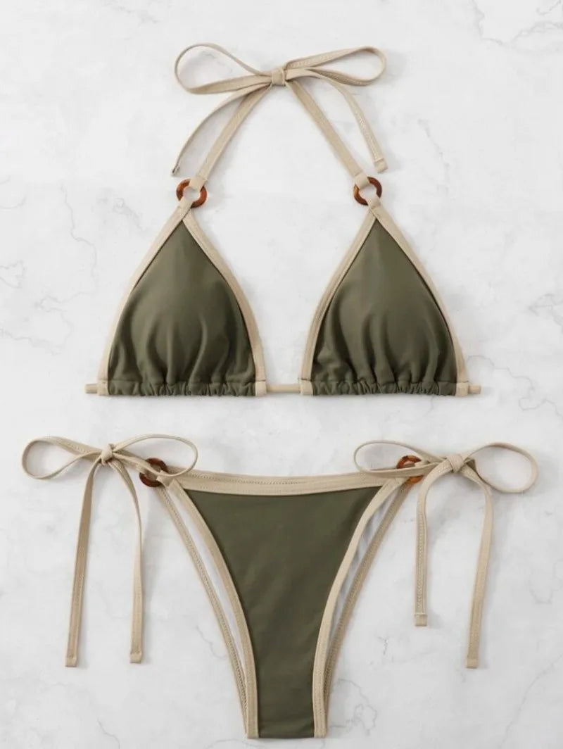 Women Green Halter Micro Ring String Bikini Sets Two Pieces Tie Thong Swimsuit Swimwear Bathing Suit Beach Outfits Biquini