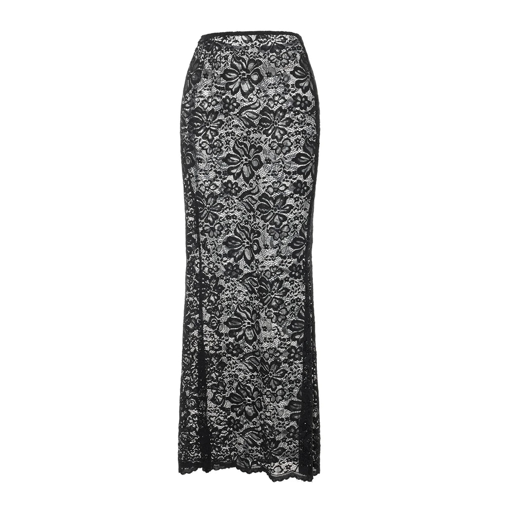 Summer Women's Sheer Floral Lace Elegant Skirt Elastic Waist See Through Sexy Long Skirt for Party Beach Streetwear