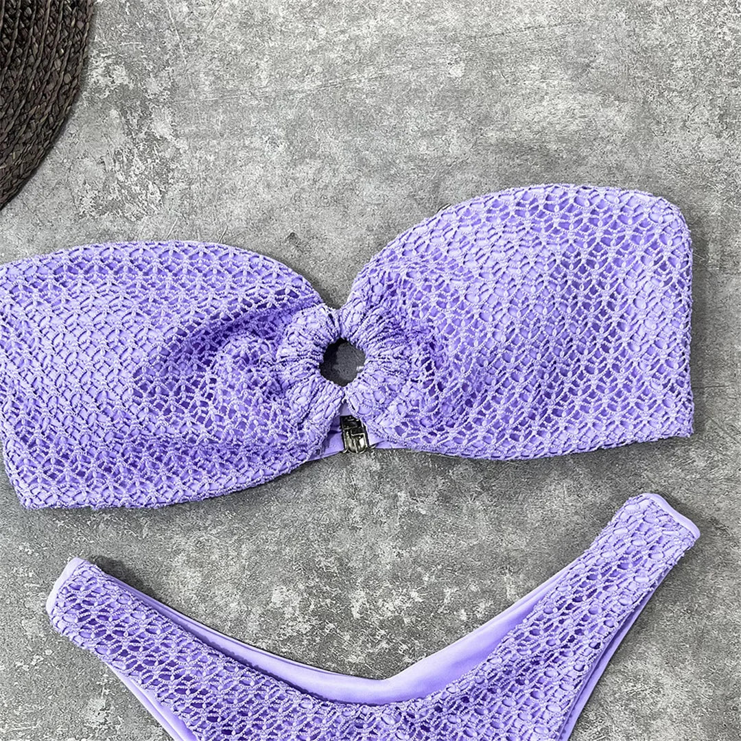 Wrinkled Bandeau High Cut Bikini Women Swimwear Female Swimsuit Two-Pieces Bikini Set Strapless Bather Bathing Suit Swim V3367