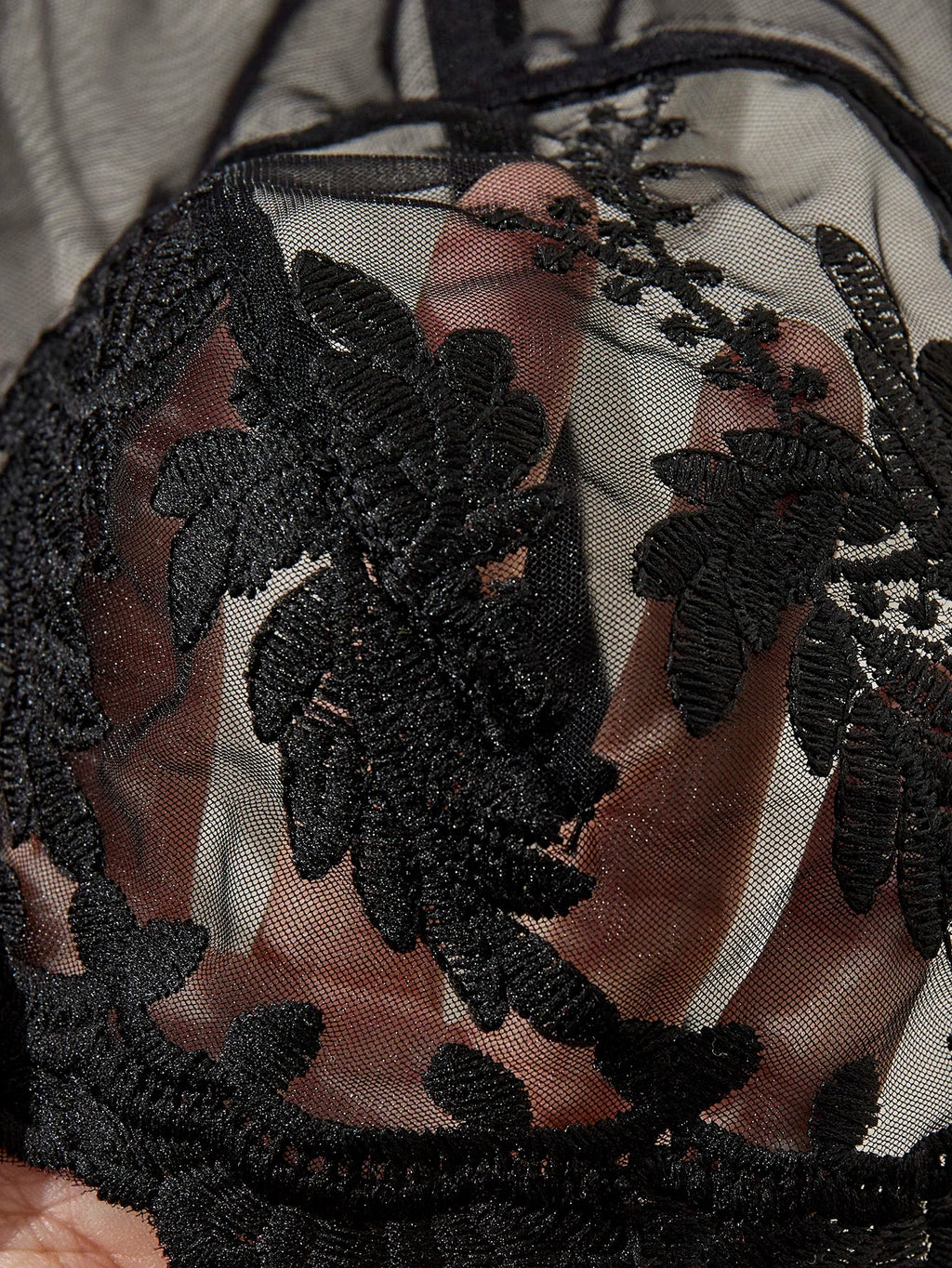 Black floral embroidery net gauze nightgown set - French deep V strapless sheer sexy pajama thong set ZA825066