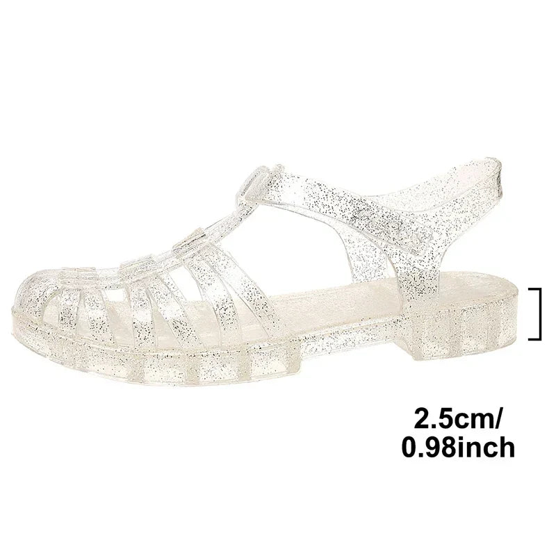 Women's Transparent Roman Sandals 2025 Closed Toe Low Heels Summer Sandals Women Fashion Woven Non Slip Beach Sandles Woman