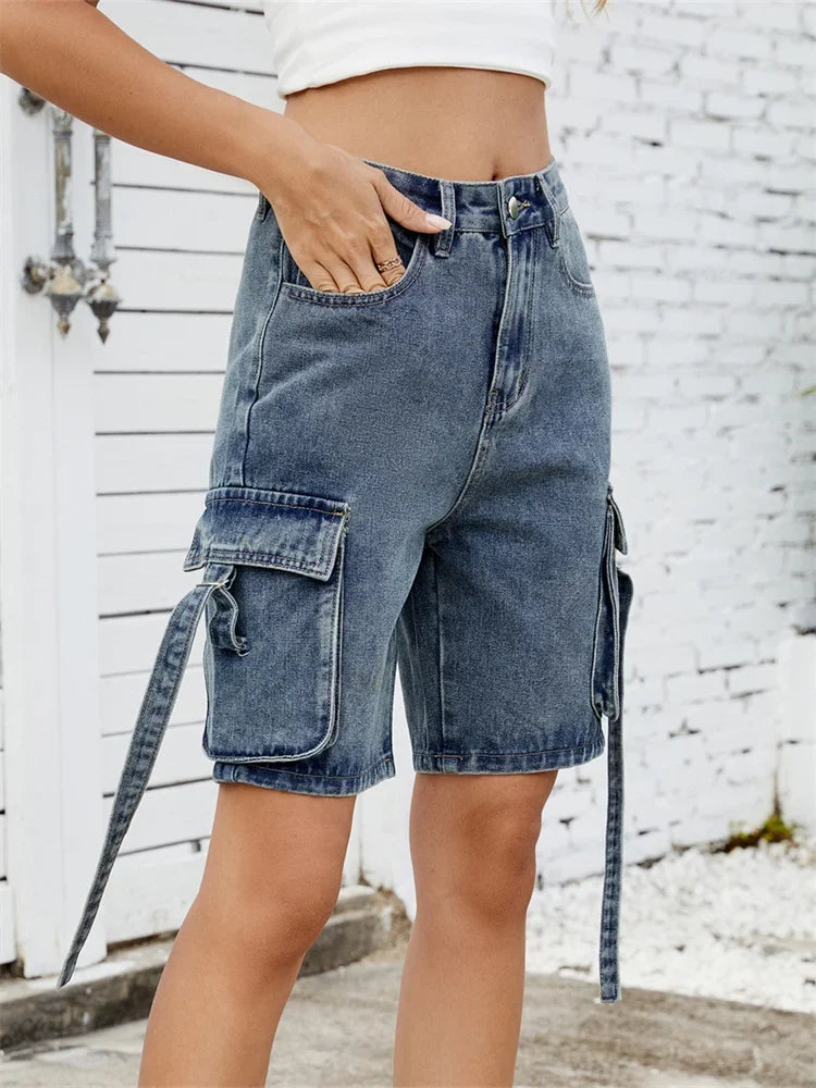 Women Cargo Denim Shorts Casual Summer Loose Solid Colors Jean Short Pants for Vacation Beach Club Streetwear