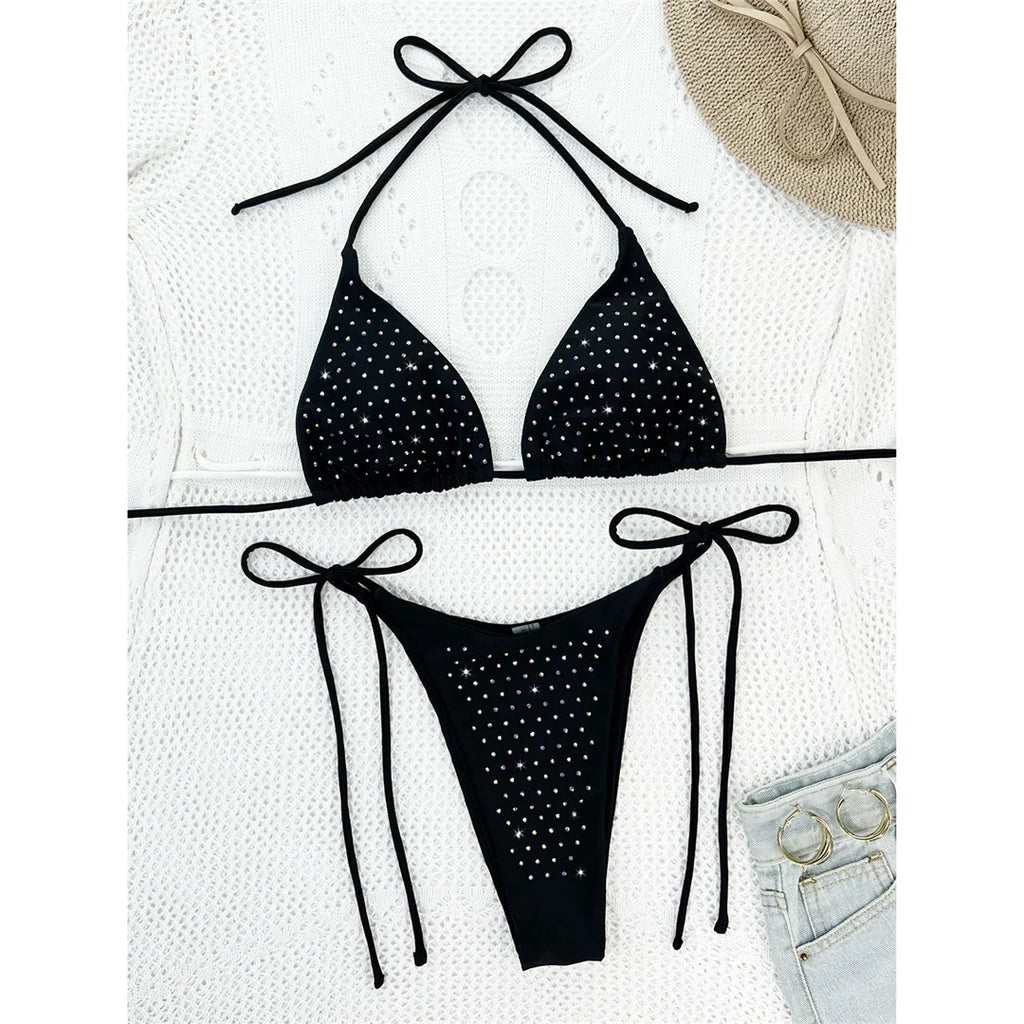 Diamond Rhinestones Halter Strappy Bikini Female Swimsuit Women Swimwear Two-pieces Bikini set Bather Bathing Suit Swim K5351