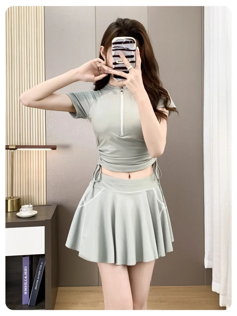 Split Sports Swimsuit, Women's Flat Corner Skirt Style Two-piece T-shirt, Girls' Student Sun Protection Swimming Suit