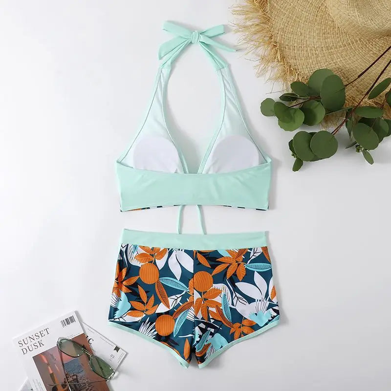 Halter Bikinis 2026 Women Printed Swimsuit Shorts High Waist Swimwear Female Bathers Swimming Bathing Suit Summer Beachwear