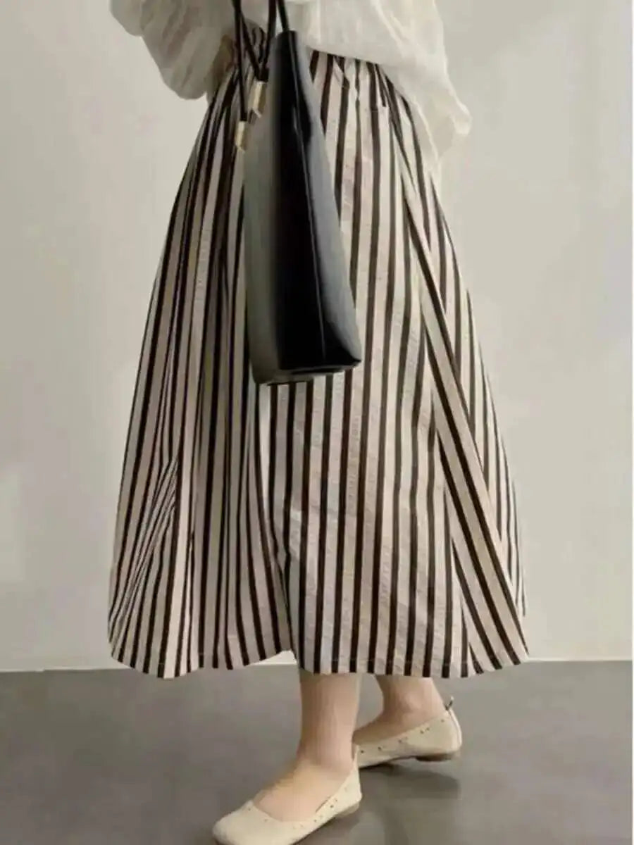 Retro Chic Solid Color Striped Skirt For Women In Summer, High Waisted And Slimming A-line Mid Length Umbrella Skirt Casual OHS8