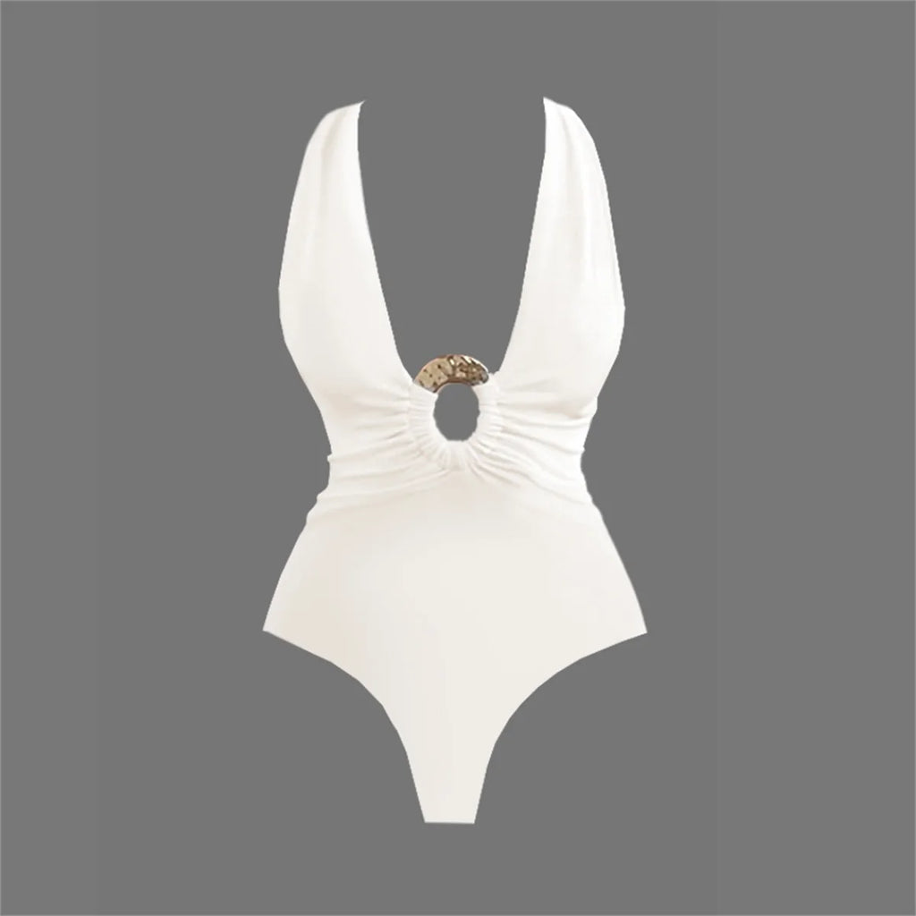 2Pcs Deep V Swimsuit With Long Skirt Women Sexy Swimwear Female Bikini Cut Out Biquini Swim Suit Shiny Button Bodysuit Beachwear
