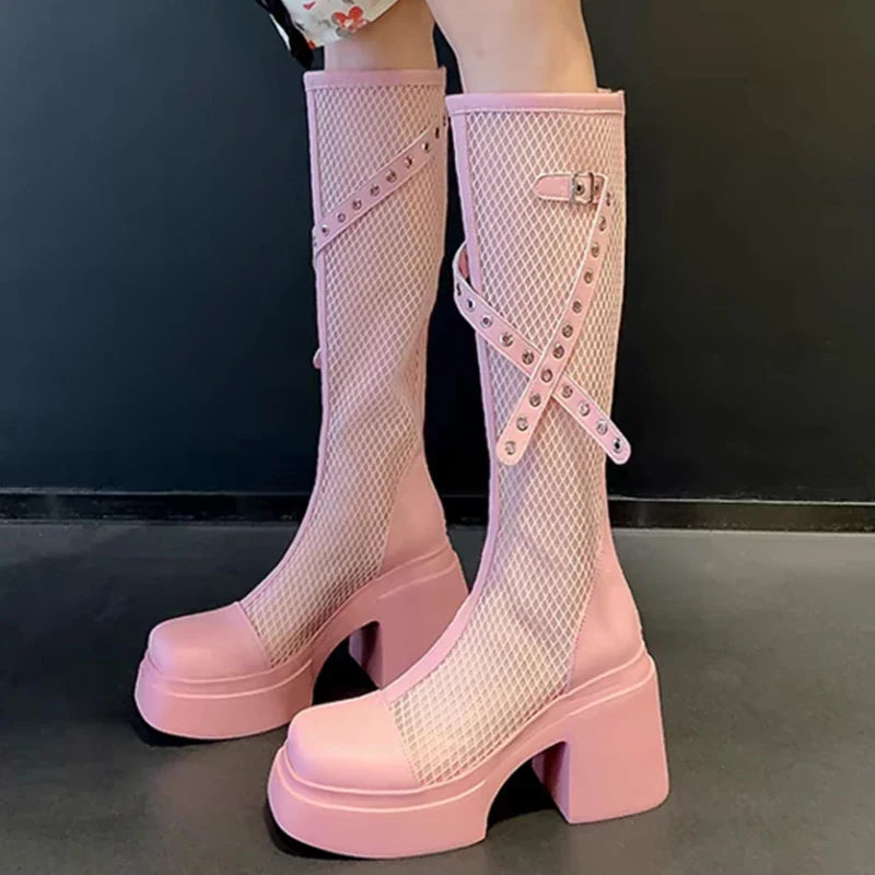 2025 Summer Fashion Breathable Mesh Boots for Women Party Platform Zipper Mid-Calf Boots Woman Solid Buckle Strap Shoes Ladies