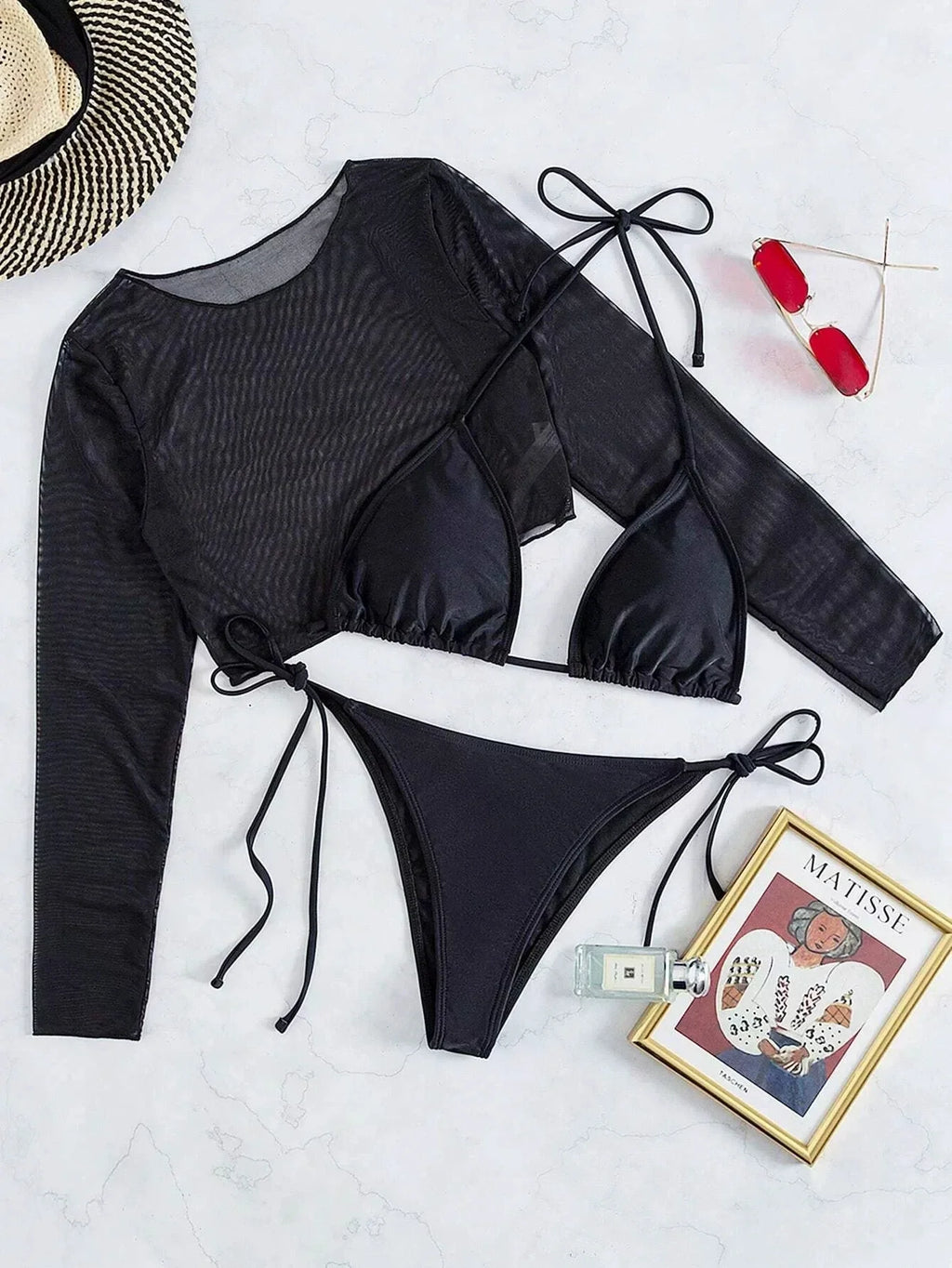 DEKA Black Cove Up Bikini Set Tied High New Women's Bikini Swimsuit Set Long Sleeve Separate Design Cross-Border Swimwear