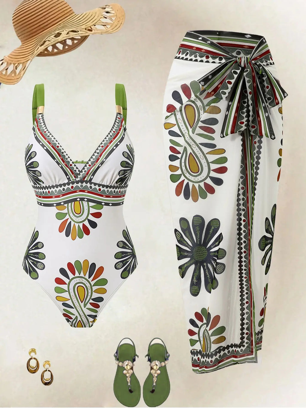 Vintage Green Floral Print Swimwear Long Skirts Sets 2026 Women V Neck Slim Tummy Control One Piece Swimsuit Beach Bathing Suits