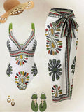 Vintage Green Floral Print Swimwear Long Skirts Sets 2026 Women V Neck Slim Tummy Control One Piece Swimsuit Beach Bathing Suits