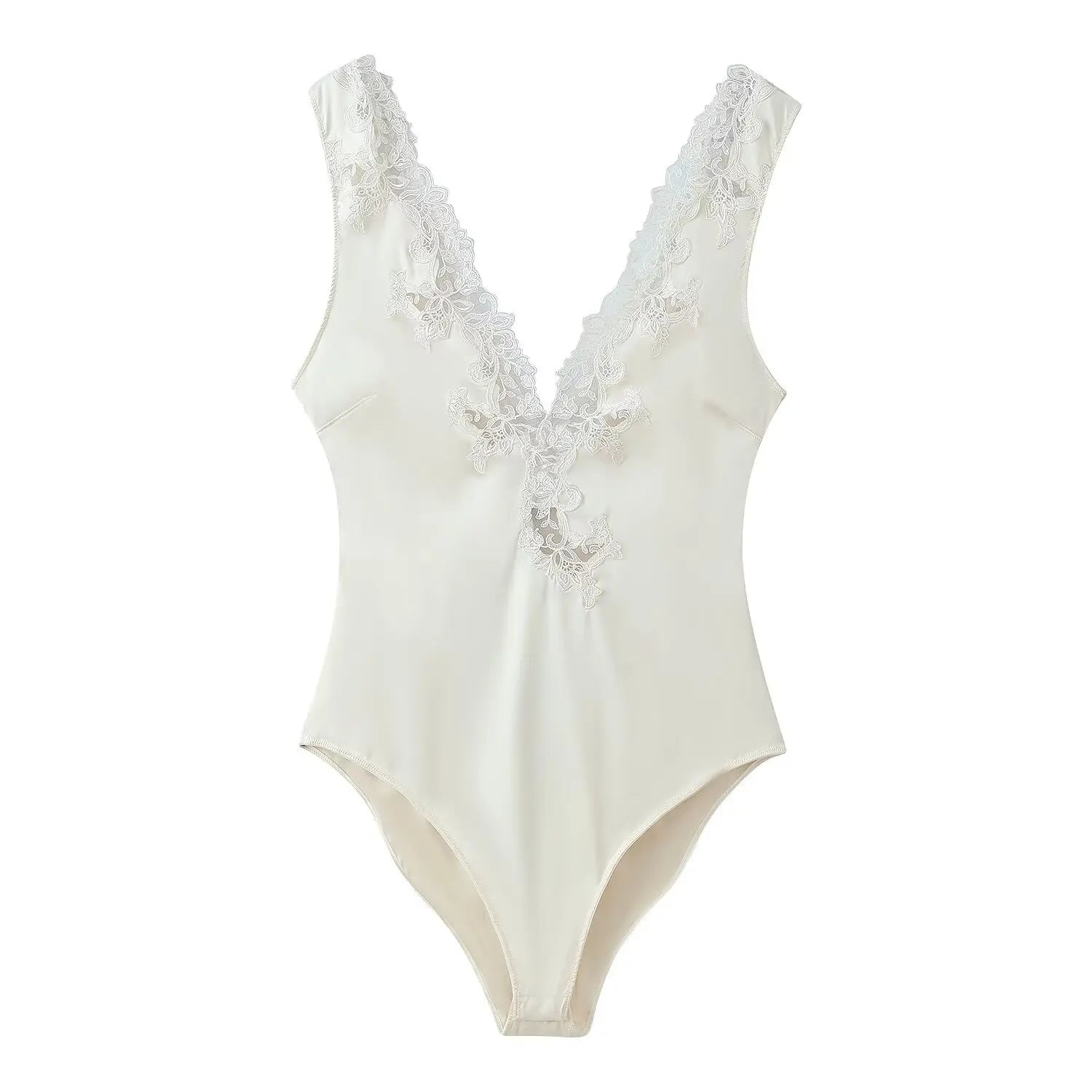 Women's Lace Satin Jumpsuit Elegant White Lace V Neck Bodysuit Sleeveless Satin Bodycon Top For Women Party Night Out Wear VN50