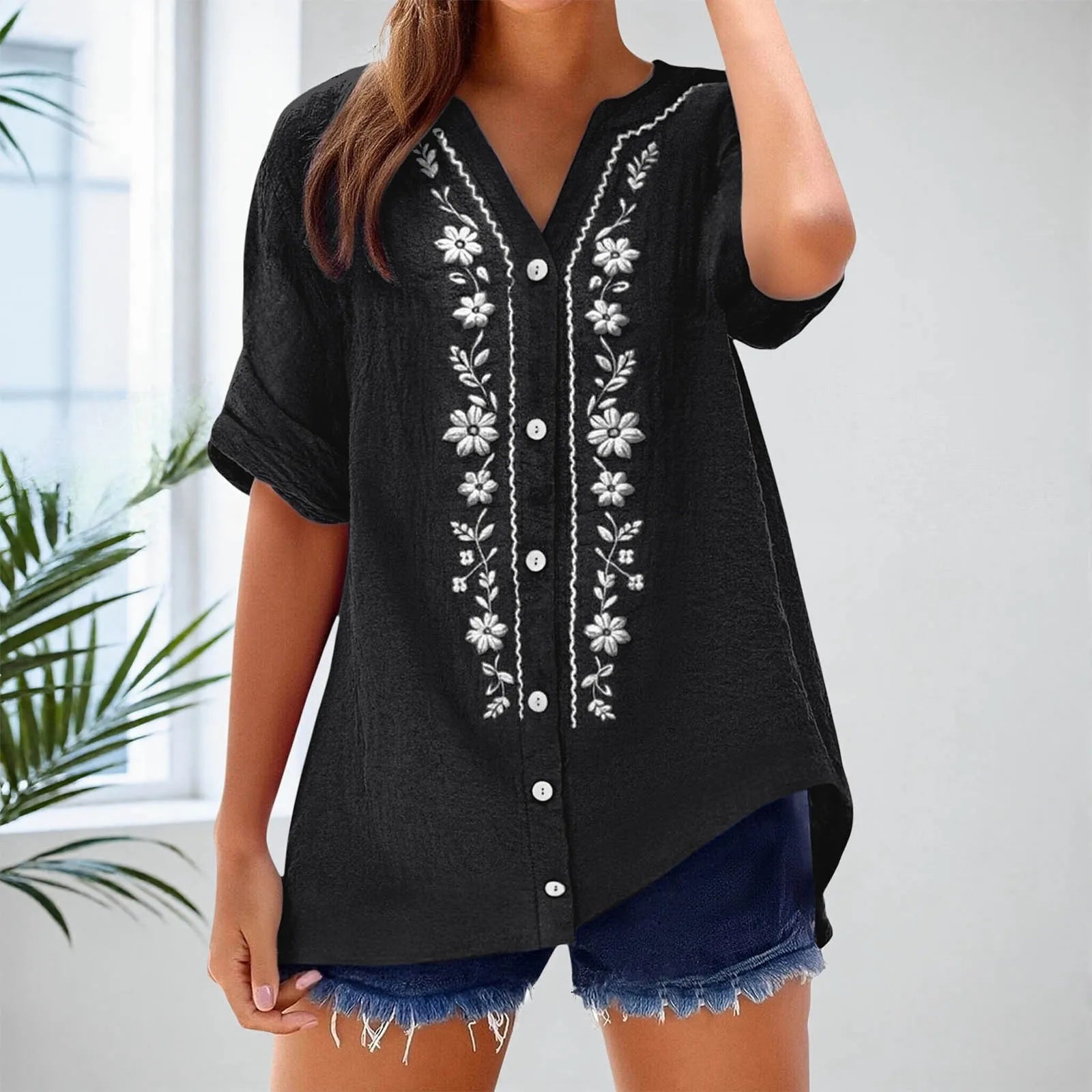 Womens V Neck Embroidered Linen Tunic Shirt Roll Up Sleeve Button Down Loose Fit Casual Boho Blouse Vintage Summer Beach Shirts