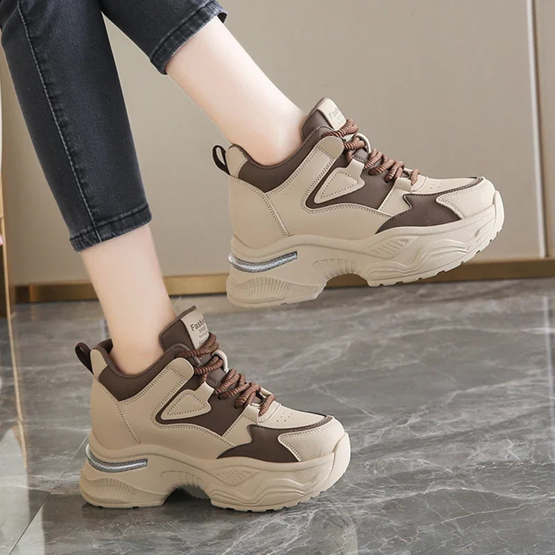 Chunky Platform Women Sport Sneaker Lace-Up Thick Bottom Vulcanize Shoes Woman Spring Autumn Pu Leather Breathable Running Shoes