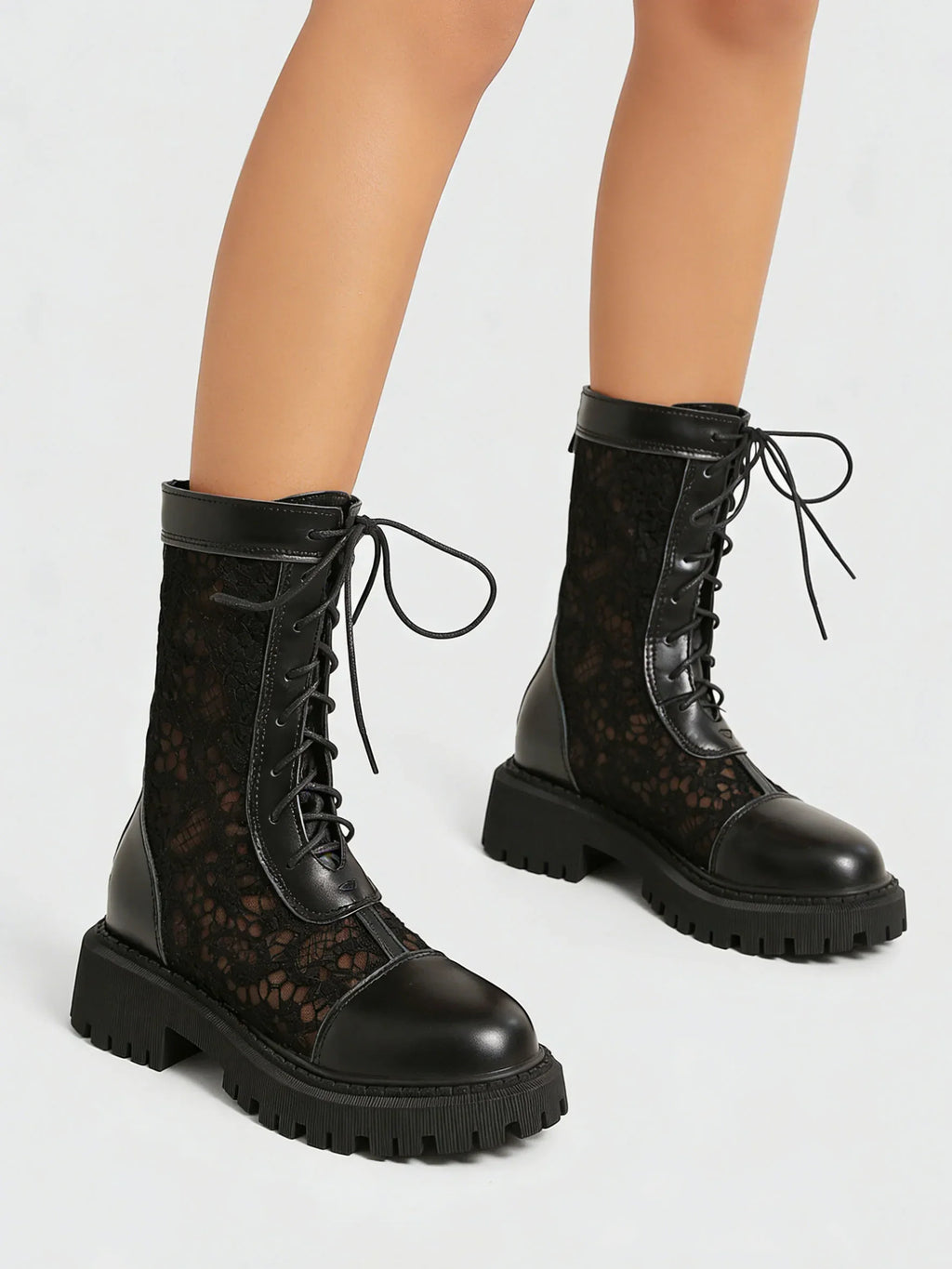 2026 New Big Size 45 Chic Black Lace Mesh Summer Boots Women Round Toe Square Heels Shoelace Zip-up Mid-calf Boots Shoes