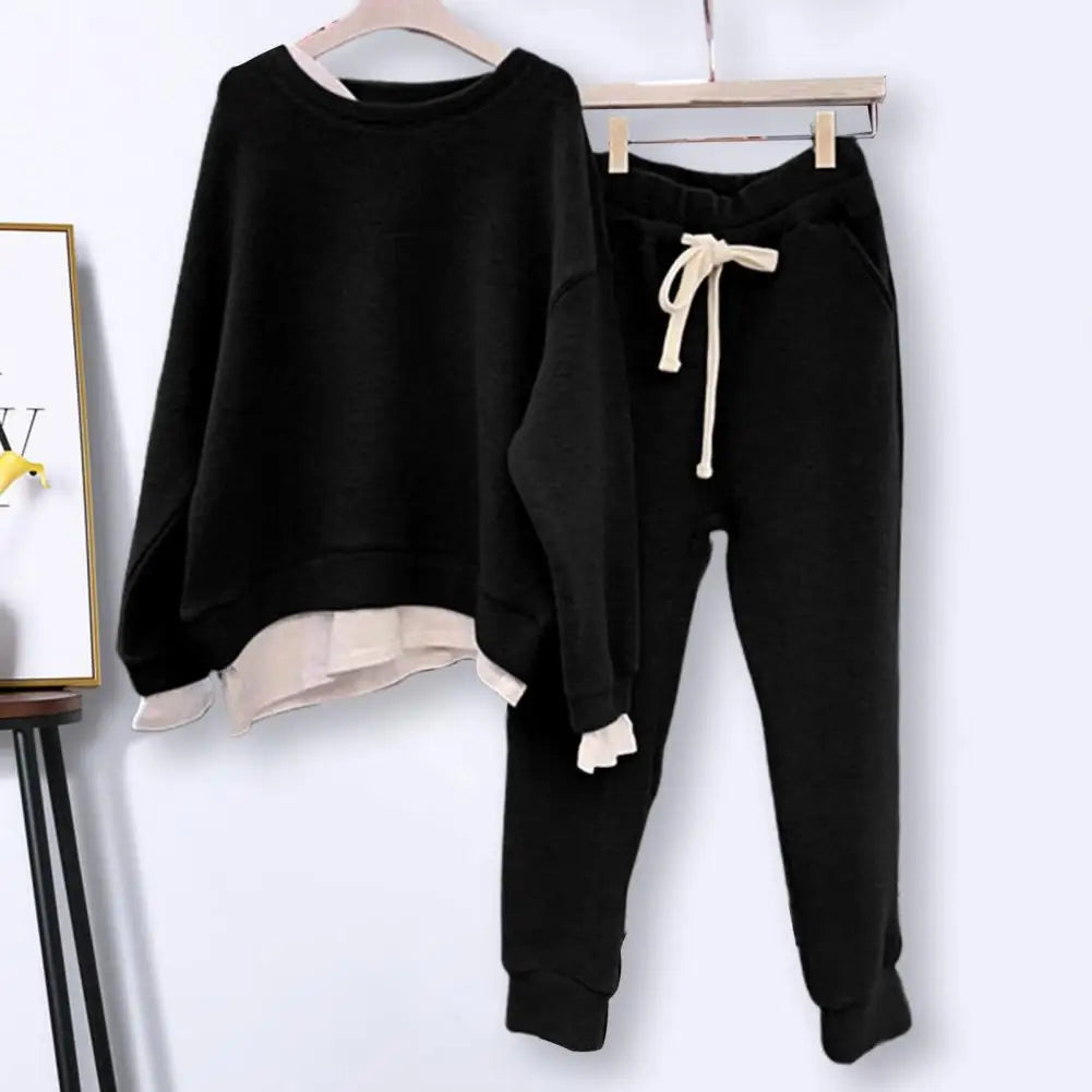 2 Pcs/Set Women Sweatshirt Pants Set Fake Two-piece Crew Neck Loose Elastic Waist Drawstring Casual Women Autumn Tracksuit