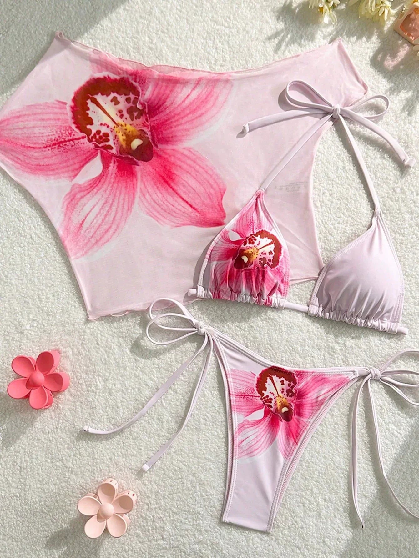DEKA Flower Printed Short Sleeve Bikini Female Swimsuit Women Swimwear Three-pieces Bikini set Bather Bathing Suit Swim