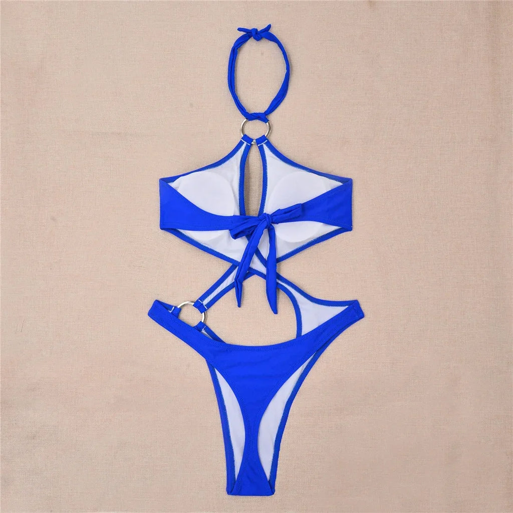 Sexy Tummy Cut Out Halter Women Thong Swimwear One Piece Swimsuit Female High Cut Monokini Rings Bathing Suit Swim Beach Wear