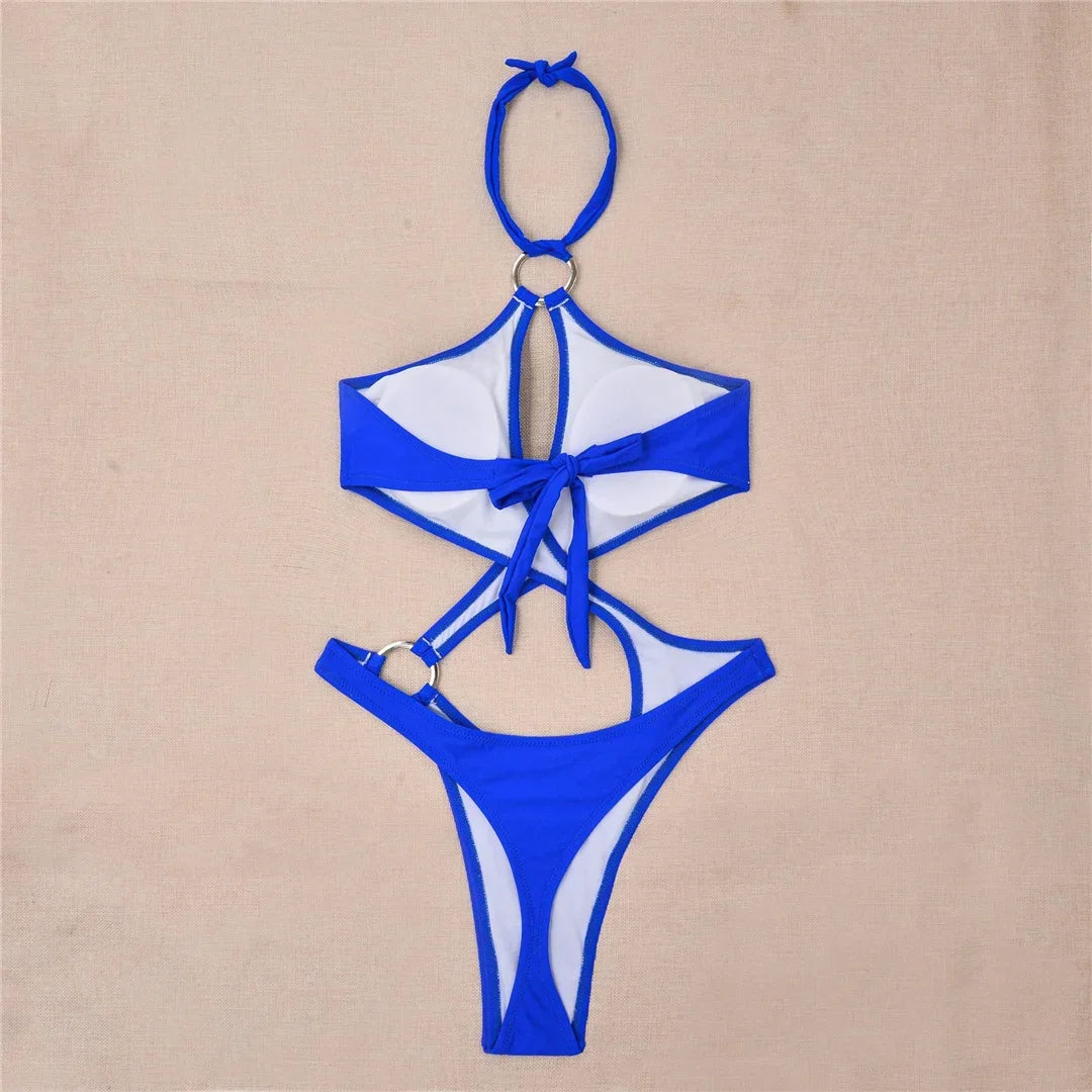 Sexy Tummy Cut Out Halter Women Thong Swimwear One Piece Swimsuit Female High Cut Monokini Rings Bathing Suit Swim Beach Wear