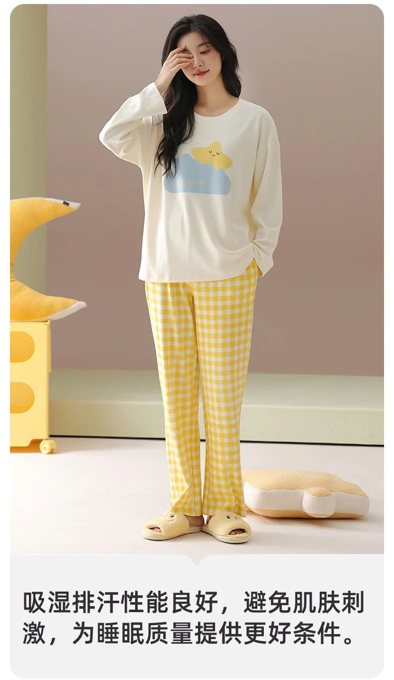Pure cotton pajamas for women, long-sleeved trousers, can be worn outside, pure cotton home clothes, Class A antibacterial 100%