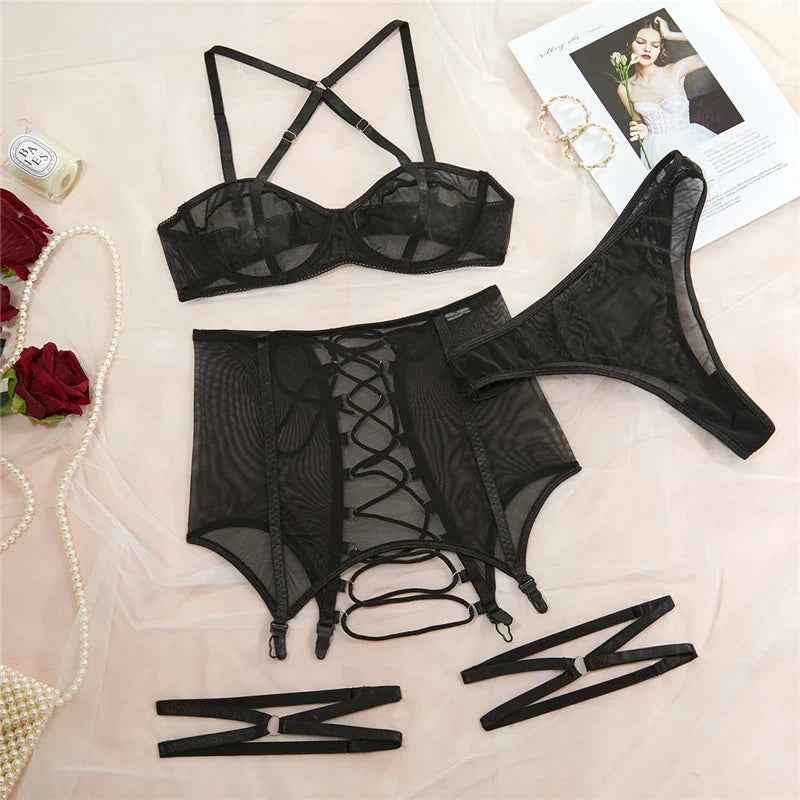 Plus Size Sensual Lingere Exotic Bandage Bra Garter Briefs Sets Transparent Intimate Hard Woman Luxury Fancy Underwear Bra Set