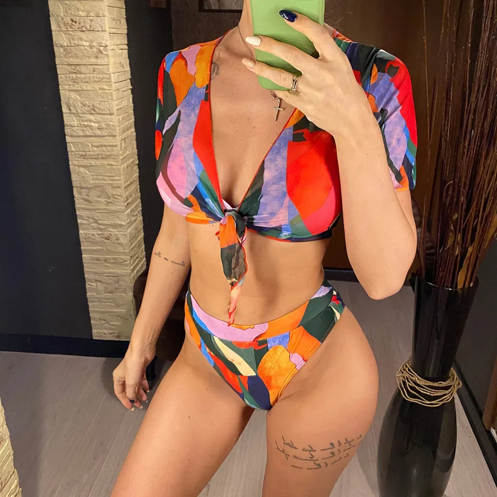 S - XXL Colorful Print High Waist Bikini Female Swimsuit Women Swimwear Three-Pieces Bikini Set Bather Bathing Suit Swim V2805