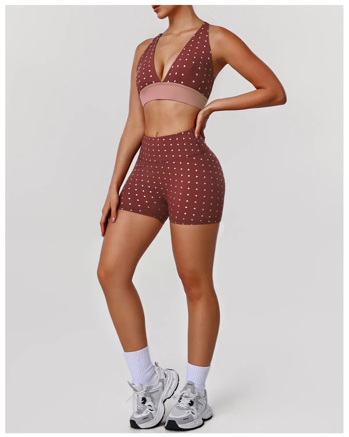 Summer Red Polka Dot Print Yoga Sets Women V Neck Shockproof Sports Bra High Elasticity Hip Lifting Shorts Running Fitness Suits
