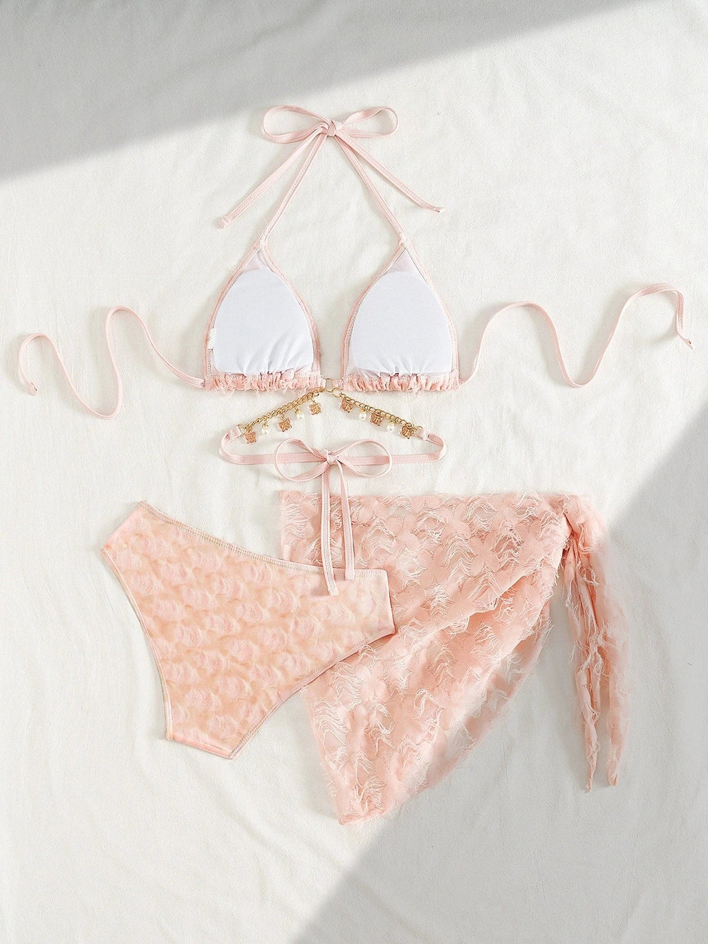 DEKA Pink Bikini Set Women Sexy 3-Piece Swimsuit Metal Chain Satin Female Swimwear New Fashion Korean Bathing Beachwear Holiday