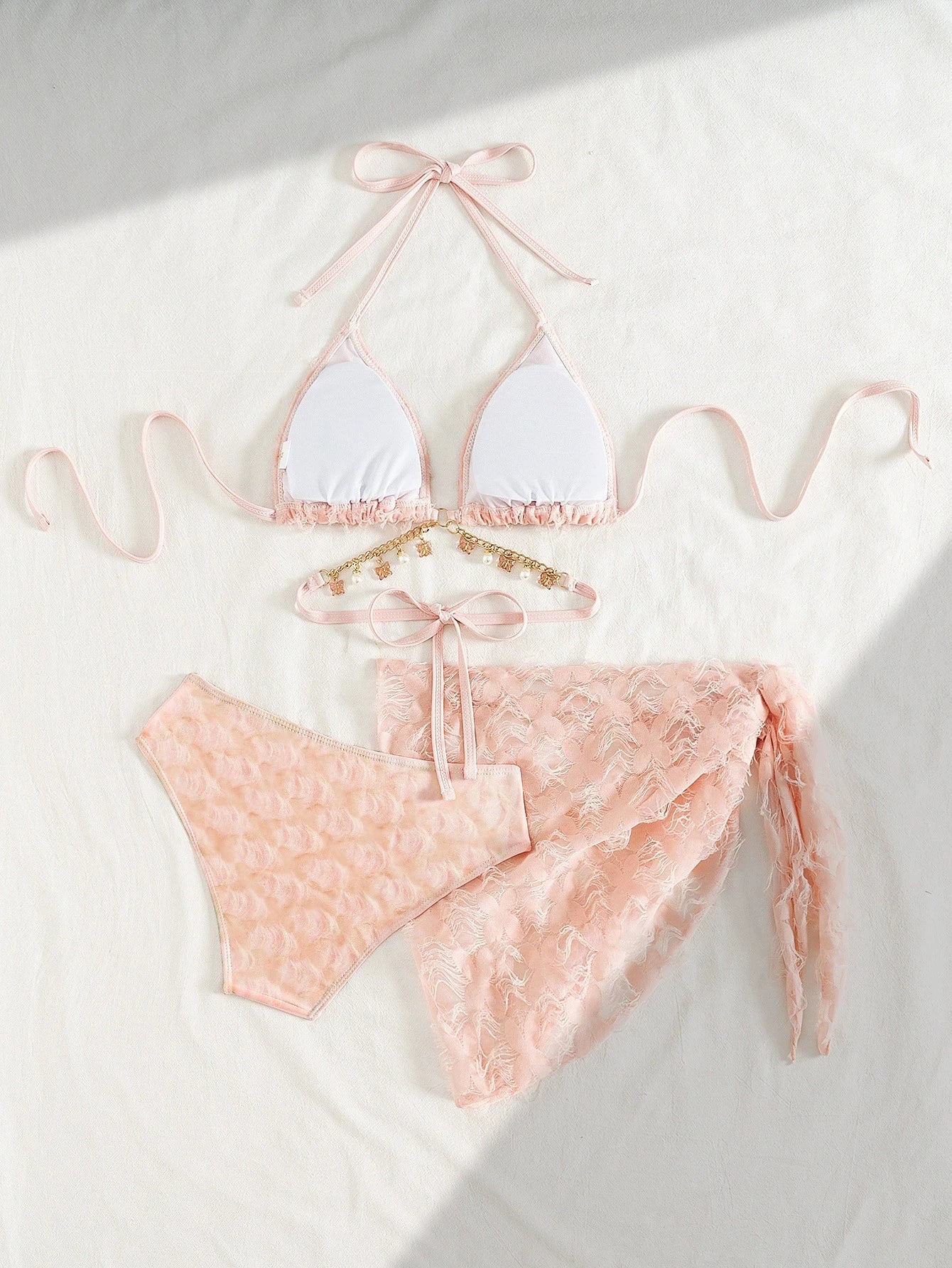 DEKA Pink Bikini Set Women Sexy 3-Piece Swimsuit Metal Chain Satin Female Swimwear New Fashion Korean Bathing Beachwear Holiday