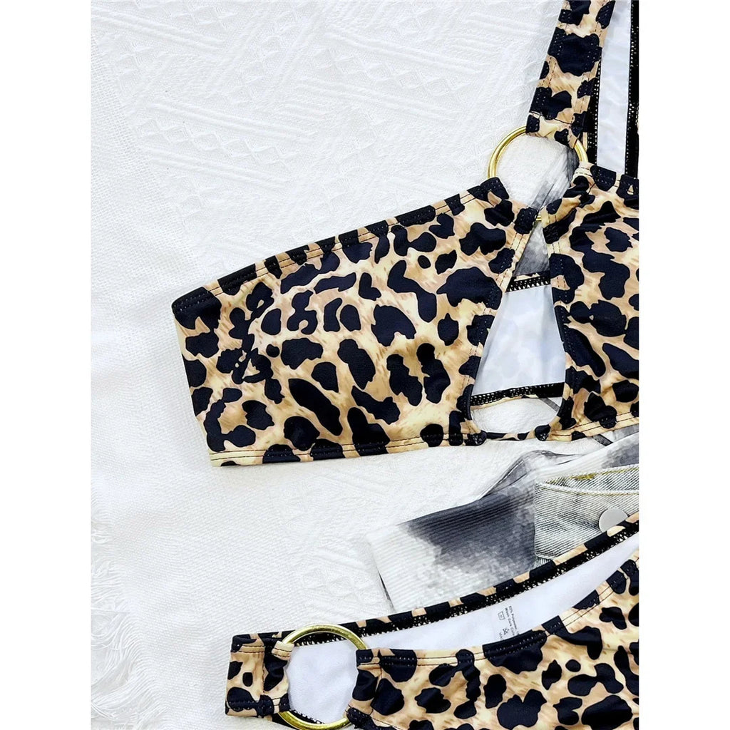 Leopard Printed One Shoulder Cut Out Bikini Female Swimsuit Women Swimwear Two-Pieces Bikini Set Bather Bathing Suit Swim V4429