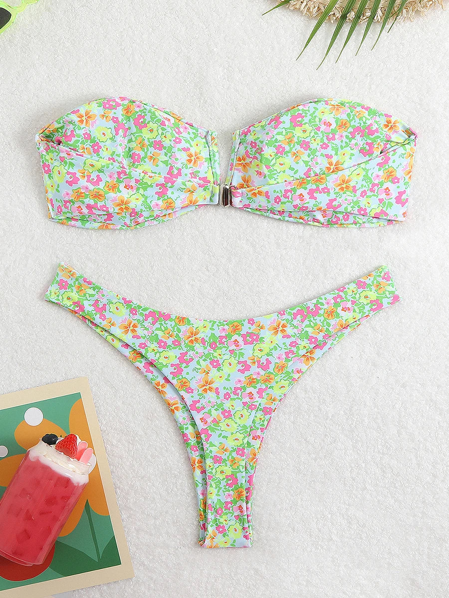 Floral Bandeau Thong Bikini 2025 Sexy Swimsuit Women Brazilian Swimwear Female Bathers Bathing Swimming Swim Suit Beachwear