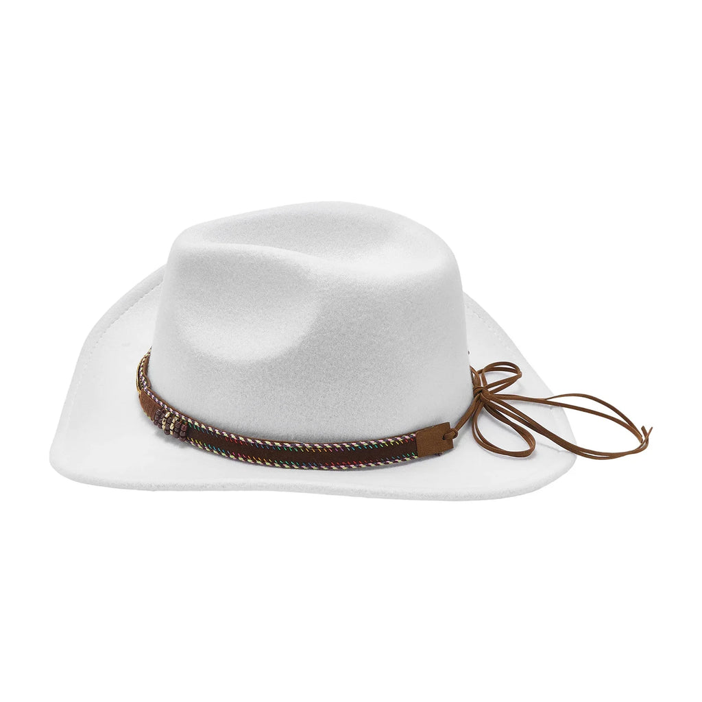 Women Men Wide Brim Floppy Cowboy Hat Western Style Wool Felt Flat Top Cap Classic Vintage Bowler Hat Party