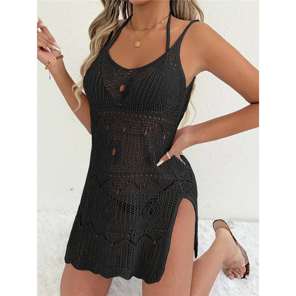 Crochet Knitted Hollow Out Halter Mini Dress Tunic Beach Cover Up Cover-ups Beach Dress Beach Wear Beachwear Female Women V8210
