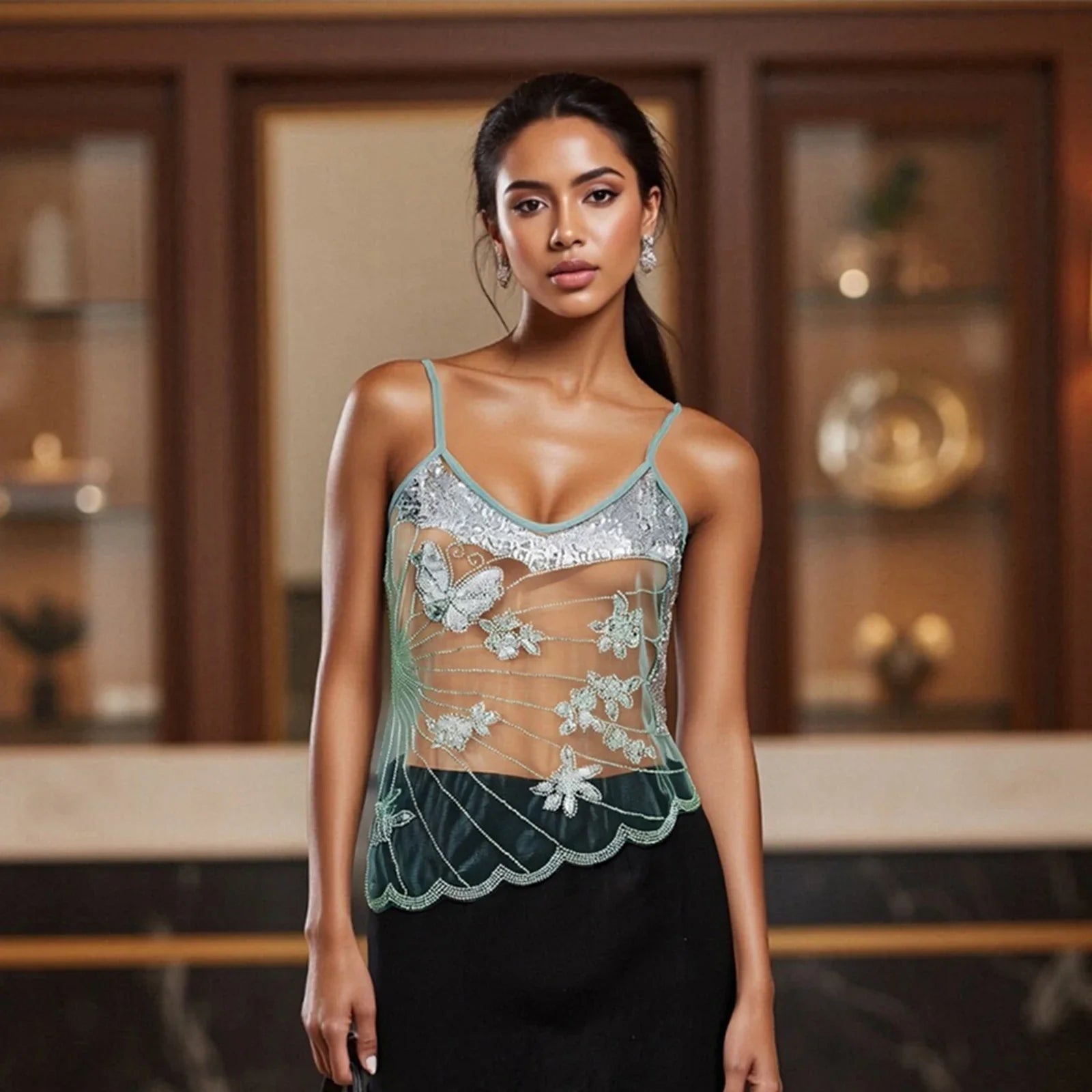 Women Sleeveless Spaghetti Strap Sheer Camisole Fashion Beaded Sequin Butterfly Cami Tops Summer Crop Tops