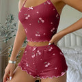 Women's Heart Print Sexy Ribbed Bow Decor Pajama Set, Round Neck Backless Comfortable Crop Cami Top & Shorts, Summer Nightwear