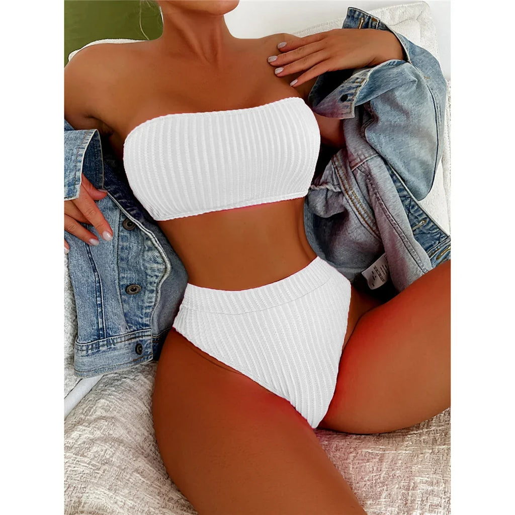 S - XL Bandeau Wrinkled Female Swimsuit High Waist Bikini Women Swimwear Two-Pieces Bikini Set Bather Bathing Suit Swim V5904
