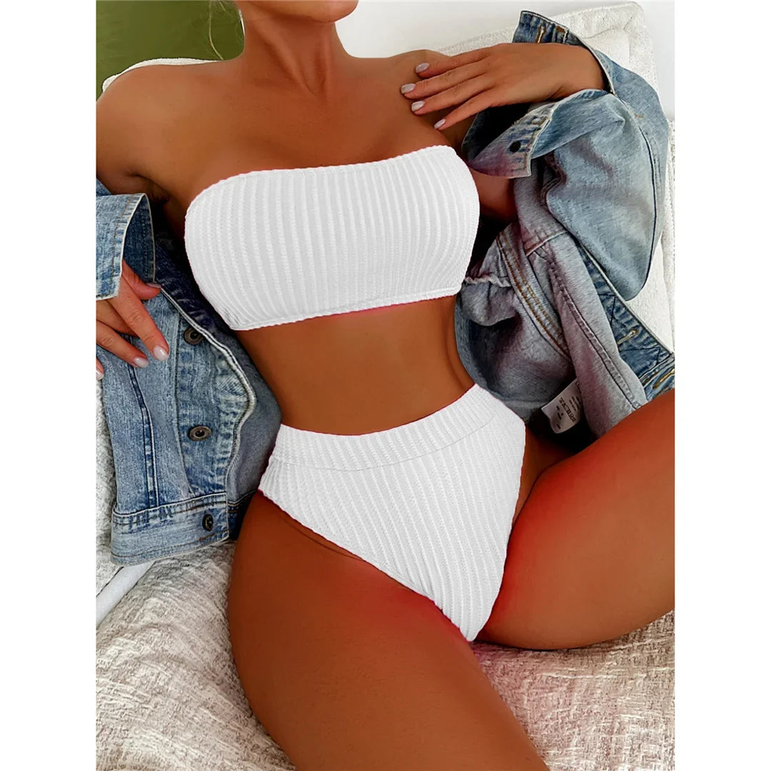 S - XL Bandeau Wrinkled Female Swimsuit High Waist Bikini Women Swimwear Two-Pieces Bikini Set Bather Bathing Suit Swim V5904